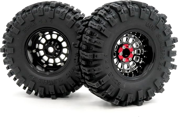 HOBBYSOUL RC 2.2 Mud Slingers Tires 124mm Tall & 2.2 Beadlock Wheels Adjustable Offset 2.2 Rims Black For RC Mud Crawler Trail Gen7 Gen8 Everest 10 Axial Capra Wraith, (4-Pack, Assembled)