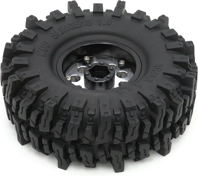 HOBBYSOUL 1.9 Crawler Tires and Wheels 120mm Soft Sticky 1.9 Mud Slingers Tires & 1.9 Beadlock Wheels Silver Rim for 1/10 RC Crawler Traxxas TRX4 Axial SCX10, (4 Pack)