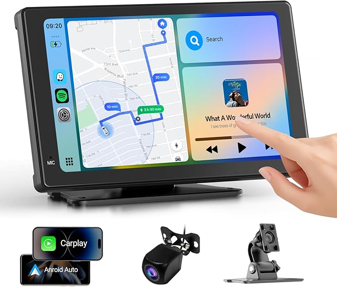 Haudio Portable Wireless Carplay Car Stereo, 7" HD Touchscreen for Car with Apple CarPlay & Android Auto with Backup Camera, GPS, Bluetooth, Voice Control, Mirror Link, FM, AUX, Universal Fit