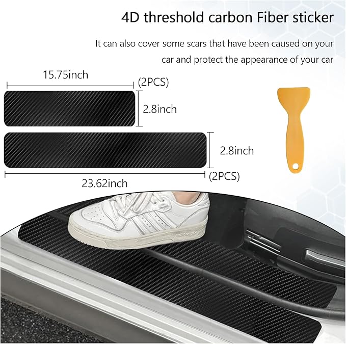 Dickno 4 PCS Car Door Sill Protector, 4D Carbon Fiber Auto Door Entry Edge Guard Protection Trim, Anti-Scratch Threshold Cover Strips, Sill Protection Sticker for Car SUV Truck (Black)