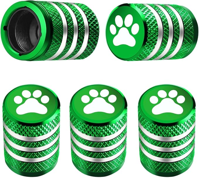 Tire Valve Stem Caps Cover - (5 Pack) Tire Air Caps Metal with Plastic Liner Corrosion Resistant Leak-Proof Dog Paw Print for Car Truck Motorcycle Bike Green