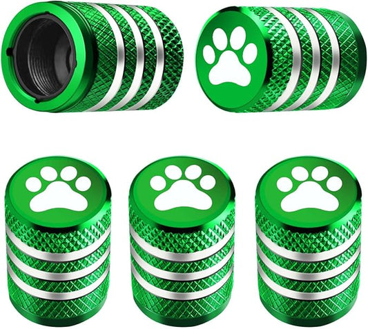 Tire Valve Stem Caps Cover - (5 Pack) Tire Air Caps Metal with Plastic Liner Corrosion Resistant Leak-Proof Dog Paw Print for Car Truck Motorcycle Bike Green