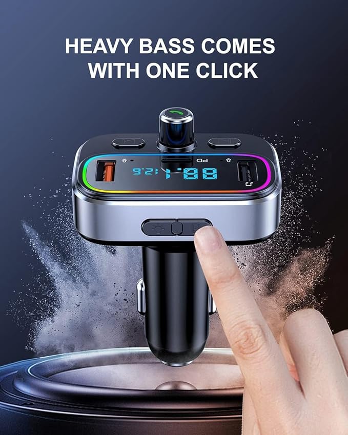 Bluetooth 5.4 FM Transmitter for Car Wireless Radio Adapter Kit, Hands-Free Calling Dual Microphone, Fast Charging 18W & PD 20W for All Smartphones Audio Players, Supports TF/SD Card and USB Disk