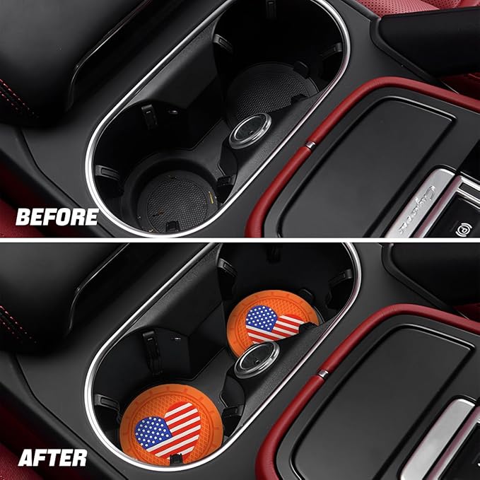 AUCELI 4 Pack Car Cup Holder Coasters, Colored American Flag US Flag Insert Car Cup Coaster, 2.75 Inch Anti Slip Shockproof Embedded Drink Mat, Vehicle Interior Decor Accessories