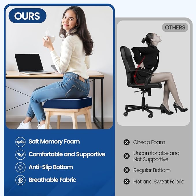 SweetSlubr Seat Cushion for Tailbone Pain Relief, Office Chair Cushion, Memory Foam Large Chair Cushion with Non-Slip Cover for Soft Support at Office Chair, Car Seat, Airplane Dark Blue/X-Large