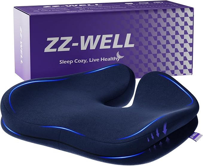 ZZ-WELL Seat Cushions for Office Chairs - Coccyx Cushion for Tailbone Pain Pressure Relief - Memory Foam Butt Pillows for Sitting, Wheelchair, Car Seat- Carry Handle & Non Slip Bottom (Navy Blue)