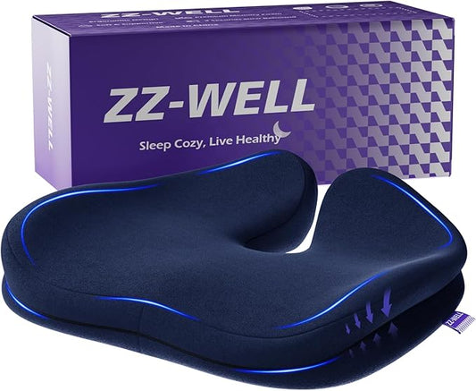 ZZ-WELL Seat Cushions for Office Chairs - Coccyx Cushion for Tailbone Pain Pressure Relief - Memory Foam Butt Pillows for Sitting, Wheelchair, Car Seat- Carry Handle & Non Slip Bottom (Navy Blue)