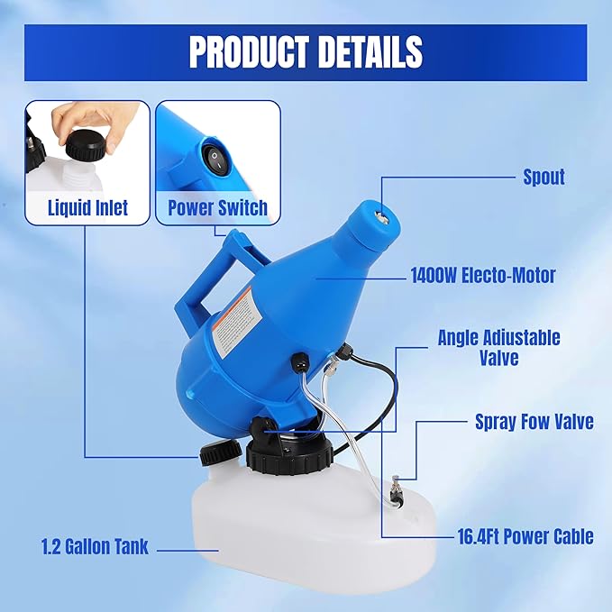 4.5L Electric ULV Fogger Sprayer 1.2 Gallon Portable Cold Mist Machine Spraying 30ft Spray Distance for Home, Yard, Garden, Patio, and Large Indoor Outdoor Spaces, 1 Pack