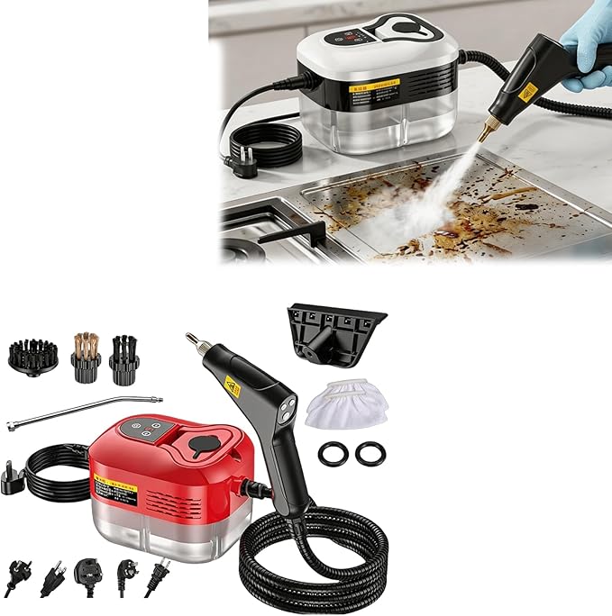 Saker Handheld Steam Cleaner, 1200ml Large Capacity, 6 Adjustable Steam Levels, Portable 221°F High-Temp Steamer for Kitchen, Bathroom, Car Interior and Multi-Surface Cleaning (Red-Dual Control)