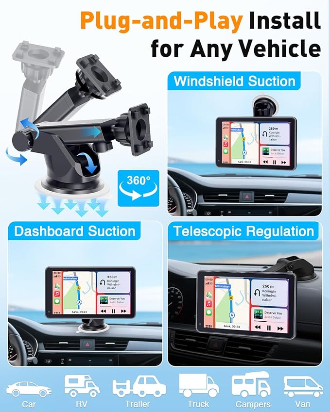 3-Min-Install Wireless Portable CarPlay Screen: Support Android Auto & Apple CarPlay - 7" HD 1080P Display with Voice Control, Hands-Free Callling, Maps Navigation, Upgrade for Older Cars in Daily Use