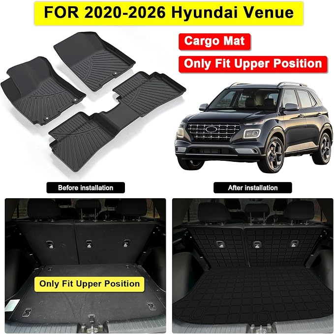 Floor Mats for 2020-2025 2026 Hyundai Venue (Cargo Mat Only Fit Upper Layer) & Backrest Mat,TPE All Weather Protection Car Mats with Trunk Mat Covering The Backrest Full Set Accessories