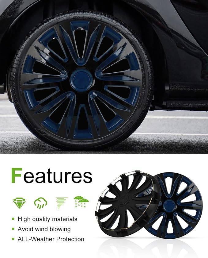 SCITOO Hub Cap Steel Wheel Snap On Universal 15" Hubcap Auto Tire Replacement Exterior Hubcaps Wheel Cover Rim 15 Inch Set of 4 PP Black Lacquer & Blue Lacquer