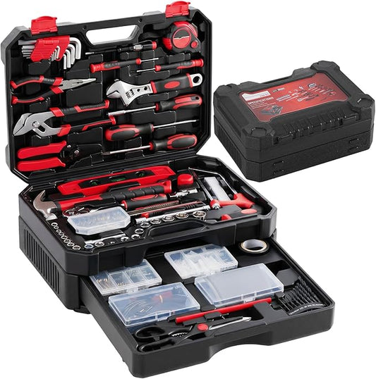 OLIXIS 330-Piece Home Repair Tool Kit with Pull-Out Drawer, Carbon & Cr-V Steel Tool Box for Home, Complete Homeowners Tool Kit for DIY & Auto Maintenance, Black-Red