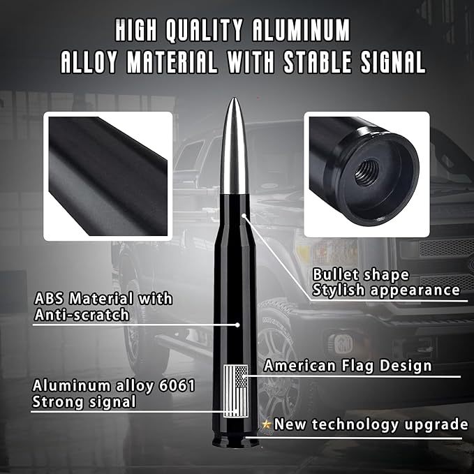 American Flag Car Truck Bullet Antenna with Valve Stem Caps, Universal Mast for GM Chevy Silverado 1500 2500 3500 HD Avalanche Ford F150 F250 F350 Denali Heavy Duty Pickup Trucks Accessories (Silver)
