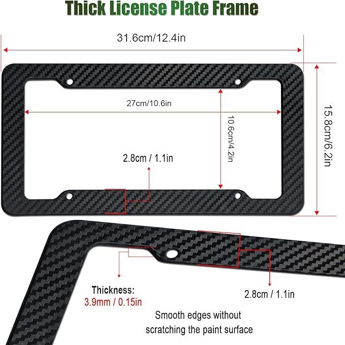 Carbon Fiber License Plate Frames- Black Carbon Pattern Plastic Front & Rear Car Tag Holder Cover 2 Pack with Mount Hardware, Screws, Caps, Handlebar Stickers