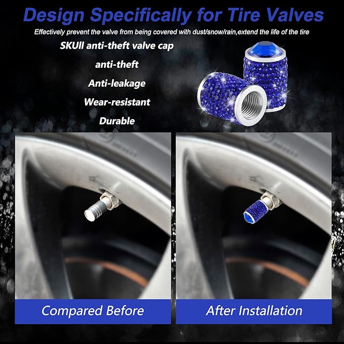 Alpmosn Car Wheel Tire Valve Caps, 4 PCS Bling Tire Valve Caps, Crystal Tire Caps Shinny Rhinestone for Women, Universal Car Dustproof Tire Valve Caps for Cars, Trucks, SUV and Motorcycles (Blue)