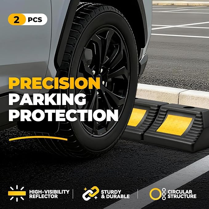 Auto Dynasty 2Pcs Heavy Duty Parking Aid for Garage, 23" Rubber Tire Stops for Garage Floor, High Visibility Garage Car Stopper with Reflective Safety Strips for Car Curb Floor Parking Lot