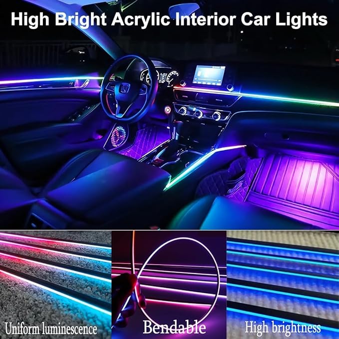 Interior Car LED Strip Lights,Acrylic LED Lights for Car with Dynamic Dreamcolor Chasing,116in 4 in 1 RGB Neon Strip Fiber Optic LED Ambient Lighting Kits with Remote APP,for Inside car Decorations