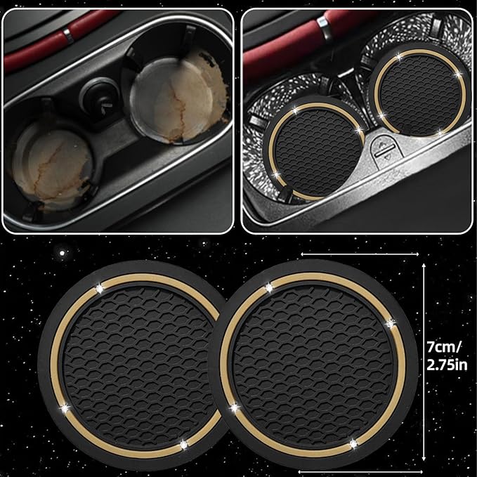 NBTEPEM 6 PCS Bling Car Accessories Set, Leather Steering Wheel Covers Universal 14.5-15 inch, Center Console Cover, Seat Belt Cushion, Cup Holder Coaster (Beige)