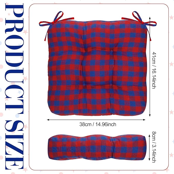 Geetery 4 Pack Chair Cushions for Dining Chairs, 16" x 15" Red and Blue Kitchen Chair Cushions with Ties Buffalo Plaid Soft Comfy Seat Pads for Home Office Living Room Outdoor Indoor