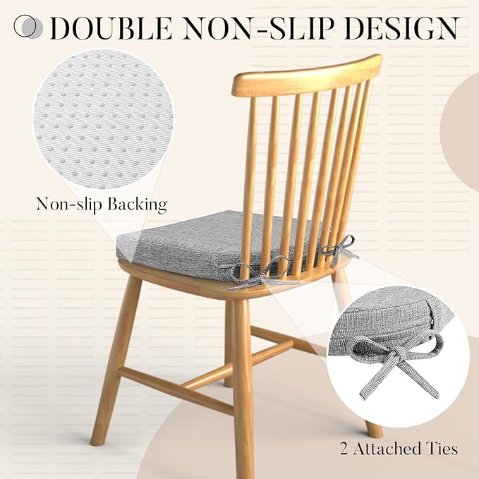 Basic Beyond Chair Cushions for Dining Chairs with Ties and Removable Cover, 2" Thick Seat Cushions for Kitchen Chairs, Set of 4, 17" x 16", Light Grey