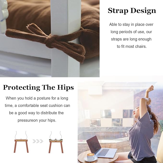 2 Pack Square Seat Cushion Chair Pads for Kitchen Dining Chairs, Soft Comfort Velvet Chair Mat Pillow Cushions with Ties for Office Desk Living Room Tatami 15.5", Coffee