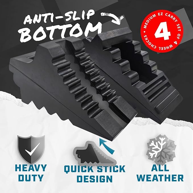 Wheel Chocks for Cars, RVs, Trucks, Trailers, and Vehicles G.V.W. up to 4T, 2 Pack - Anti Slip Bottom Tire Chock for All Weather Use - RV, Travel Trailer, Pop Up Camper Accessory