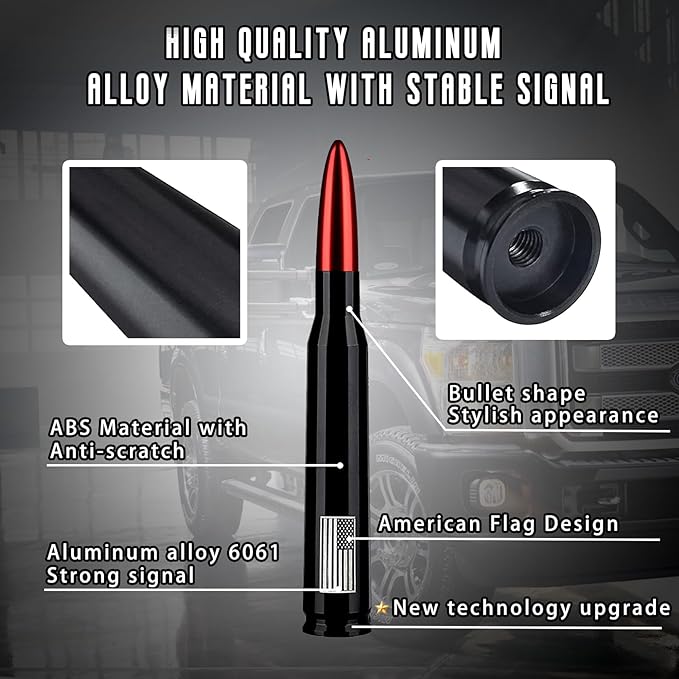 Truck Bullet Antenna with Valve Stem Caps, Mast for GM Ford F150 F250 F350 Chevy Silverado 1500 2500 3500 HD Avalanche Denali Heavy Duty Pickup Trucks Accessories (Red)