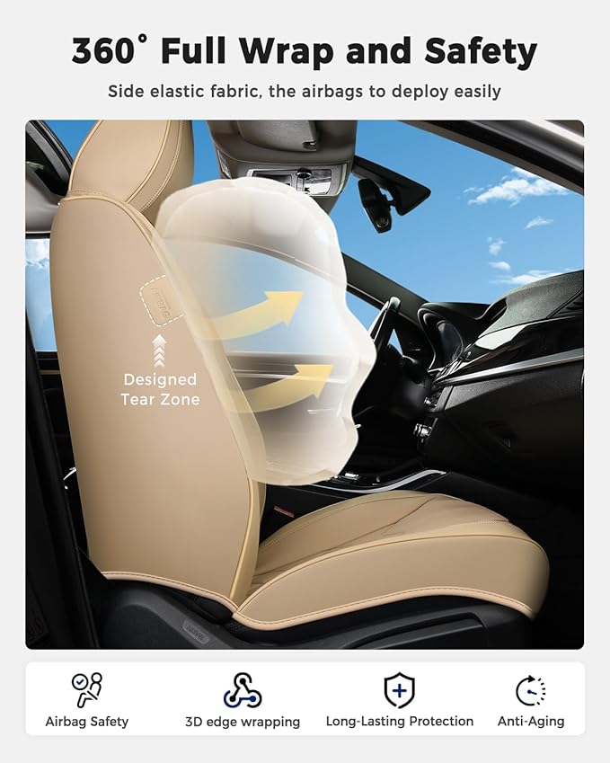 Huidasource Seat Covers Full Set, Universal Fit for Most Cars SUVs Trucks, Full Coverage Leather Automotive Seat Cover, Airbag, Cupholder Compatible, Seat Function Retain, Velcro Adjustable, Beige