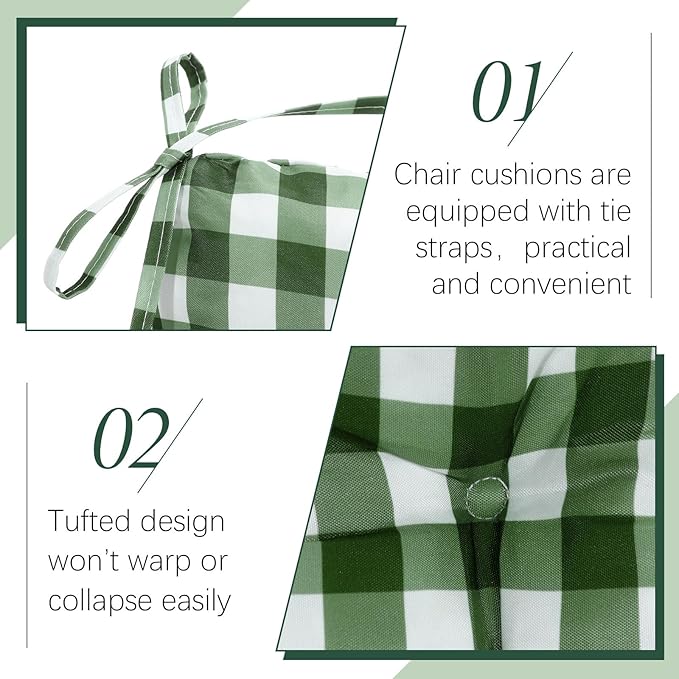 Geetery 4 Pack Chair Cushions for Dining Chairs, 16" x 15" Green and White Kitchen Chair Cushions with Ties Buffalo Plaid Soft Comfy Seat Pads for Home Office Living Room Outdoor Indoor