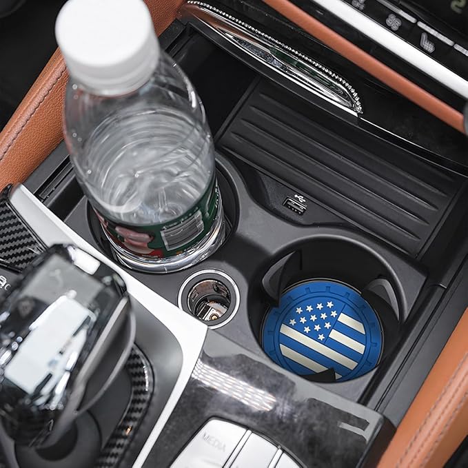 AUCELI 2 Pack Car Cup Holder Coasters, Colored American Flag US Flag Insert Car Cup Coaster, 2.75 Inch Anti Slip Shockproof Embedded Drink Mat, Vehicle Interior Decor Accessories