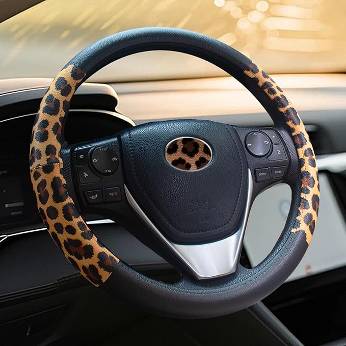 Universal Leather Leopard Cheetah Steering Wheel Cover Women 14.5-15 inch Leopard car Accessories Western Anime Brown Cute Wheel Cover Hip Hop Anti-Slip Car Protecter for Men