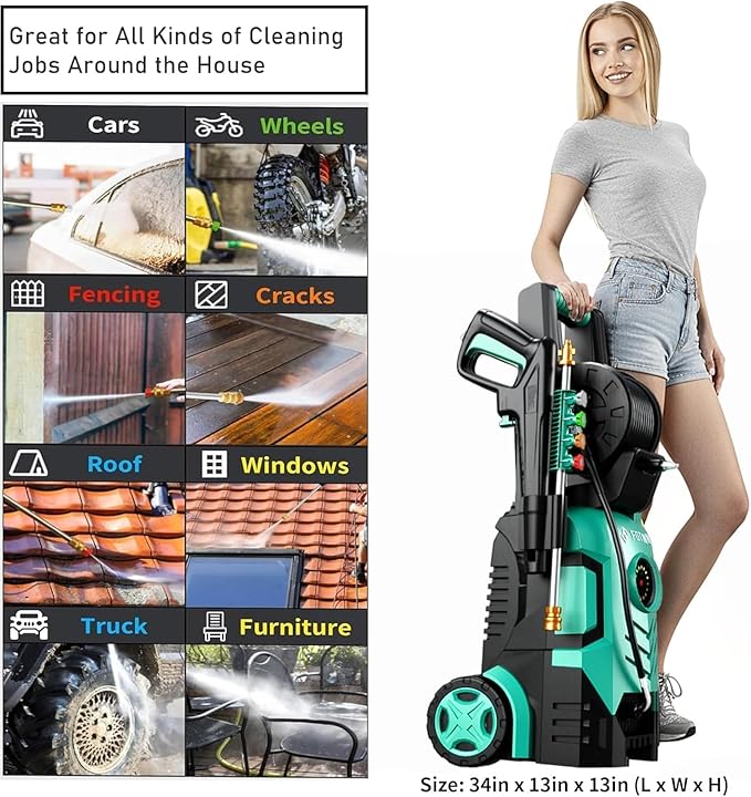2026Upgraded Pressure Washer 5000PSI with Adjustable Touch Screen 8 Level, 34" Tall, 4 Quick Connect Nozzles,Inlet Hose&Filter&500mlFoam Cannon for Cars/Fences/Driveways/Home Cleaning,Green
