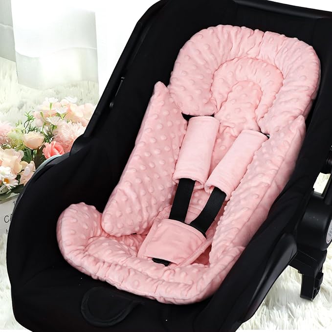 Infant Car Seat Insert Boy Girl, 3 in 1 Newborn Carseat Insert with Strap Pads, Car Seat Head Support for Baby Strollers, Swings, and Bouncers, Comfortable and Machine Washable, Orange Pink