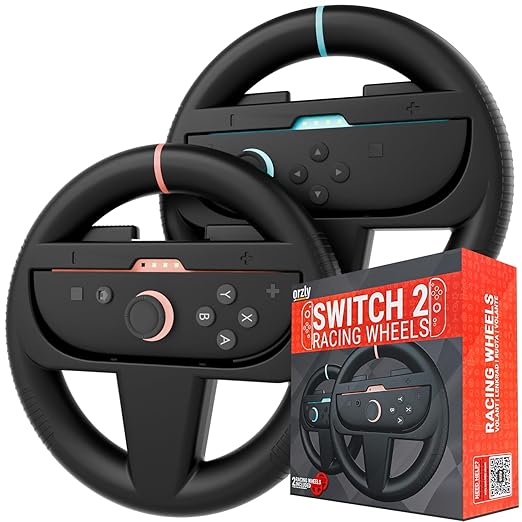 Orzly Steering Wheels – Compatible with Switch 2 (2025 Console) – Twin Pack Racing Wheel Accessories for Joy-Con Controllers and MarioKart Racing Games (2 Black Wheels) Gift Boxed