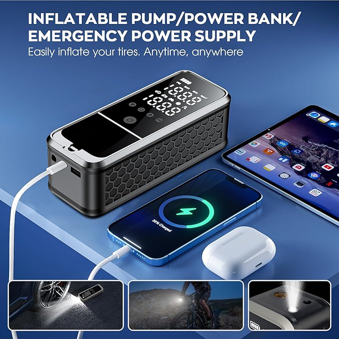 160PSI Tire Inflator Portable Air Compressor, 6000mAh Air Pump for Car Tires Cordless Bike Pump with LED Light&Auto Shut-Off Function Portable Tire Inflator for Car, Motorcycle, Bicycle, Ball