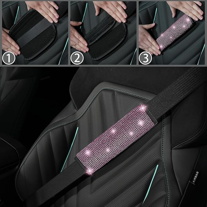 NBTEPEM 12 Pcs Bling Car Accessories Set for Women Car Floor Mats Full Set Steering Wheel Cover Seat Belt Covers Coasters Universal Fit Car SUV Truck Van Pink