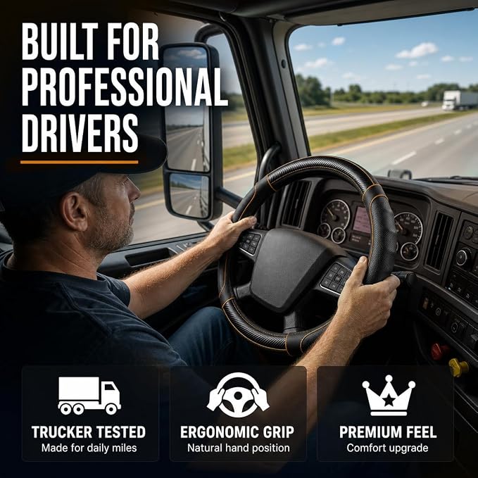 18 Inch Semi Truck Steering Wheel Cover for Freightliner Cascadia, Kenworth T680 T880, Peterbilt 579, Volvo VNL - Anti-Slip Carbon Fiber Grip - Carbon Orange