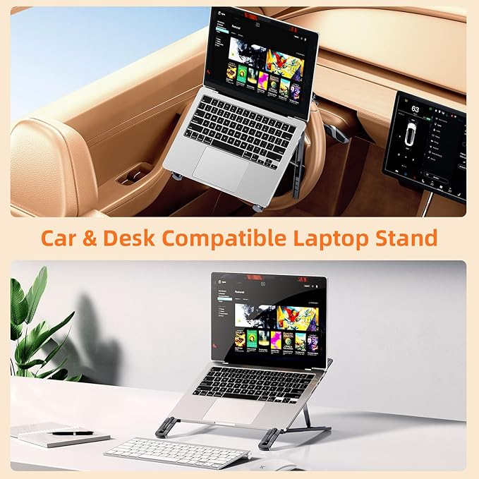 Foldable Car Laptop Holder, Adjustable Car Laptop Mount for Steering Wheel Tray Holder, Metal Notebook stand| Car Reading Stand | Car Tablet Holder, Multipurpose Travel Car Accessories-Gray