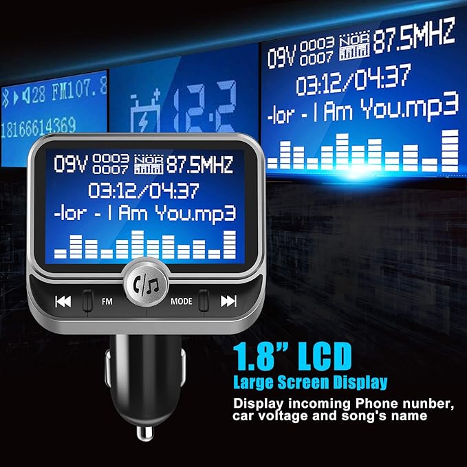 Bluetooth FM Transmitter for Car, Wireless Radio Adapter Hands-Free Kit With 1.8 Inch Display, Dual USB Charger, AUX Input/Output, TF Card Mp3 Player, Silver
