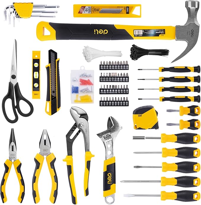 DELI 355-Piece Home Tool Set, Household Repairing Tool Kit with 14-Inch Wide Mouth Open Storage Tool Bag, Yellow