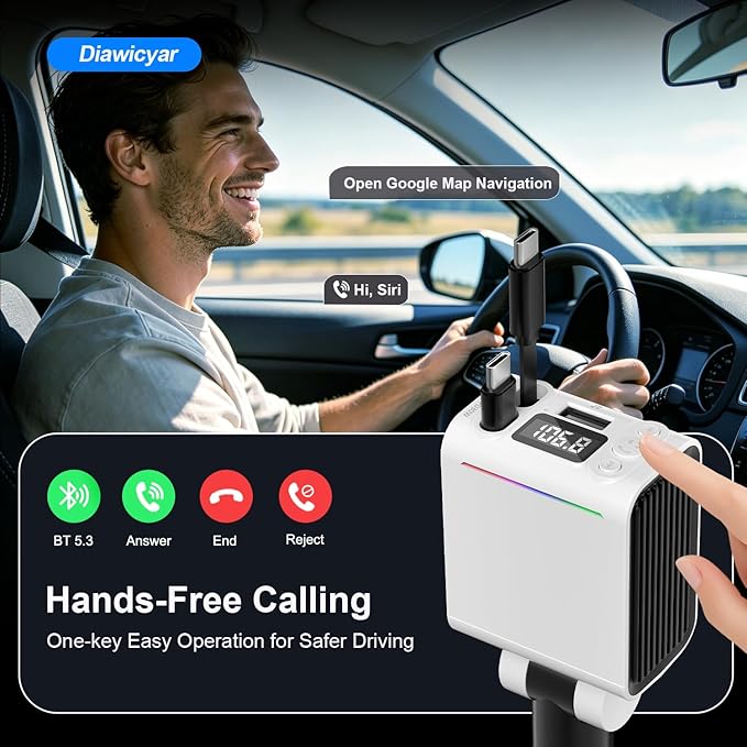 FM Transmitter Bluetooth Car Adapter - 45W Retractable Car Charger [PD 30W & QC3.0] Wireless Radio FM Bluetooth Transmitter for Old Cars, Hands-Free Calling, White