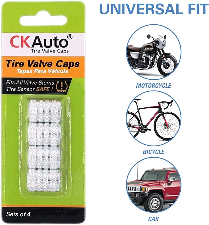CKAuto Tire Valve Stem Caps, Silver, 4 pcs/Pack, Anodized Aluminum Tire Valve Cap Set, Corrosion Resistant, Universal Stem Covers for Cars Trucks Motorcycles SUVs and Bikes