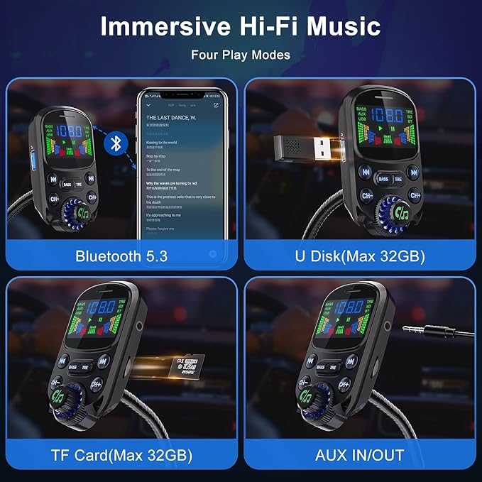 Bluetooth 5.3 FM Transmitter for Car SOARUN Bluetooth Car Adapter PD30W & USB Port Fast Charge, HiFi Treble & Bass Player, 1.6" Display Hands-Free Calling Truck Radio with AUX Input/Output, TF Card