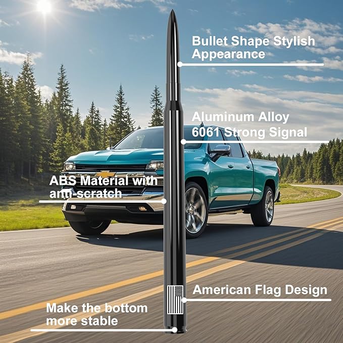 10" Car Truck Bullet Antenna with Tire Valve Caps American Flag Universal Replacement for GMC Sierra Chevy Silverado Dodge Ram 1500 2500 3500 Ford F150 F250 F350 Super Duty Raptor Accessories Black