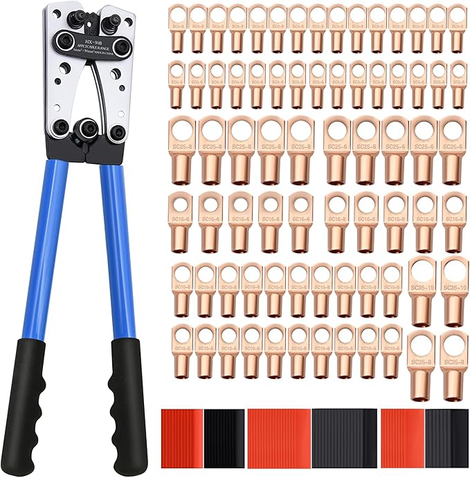 Cable Lug Crimping Tool with 74pcs Copper Wire Lugs, 100pcs Dual Wall Adhesive Heat Shrink Tubing, Wire Crimping Tool for AWG 10-1/0 Electrical Lug Crimper