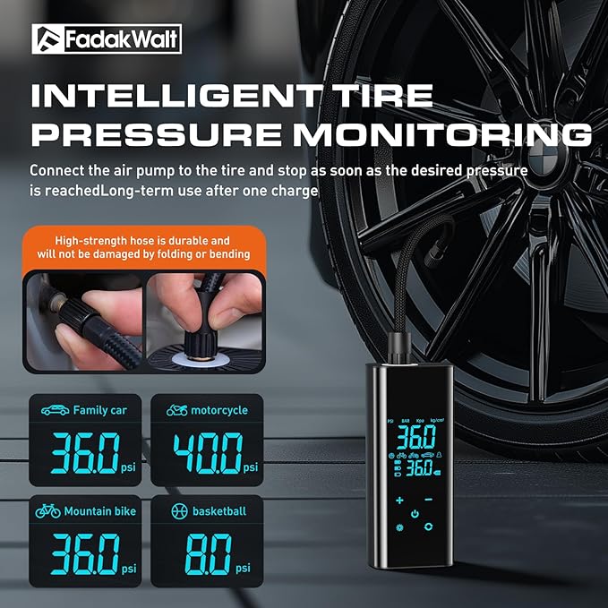 FADAKWALT Tire Inflator Portable Air Compressor, 150 PSI Cordless Air Pump with Digital Pressure Gauge, LED Light, Auto Shut-Off, for Car, Motorcycle, Bike, Ball – Not for Truck Tires