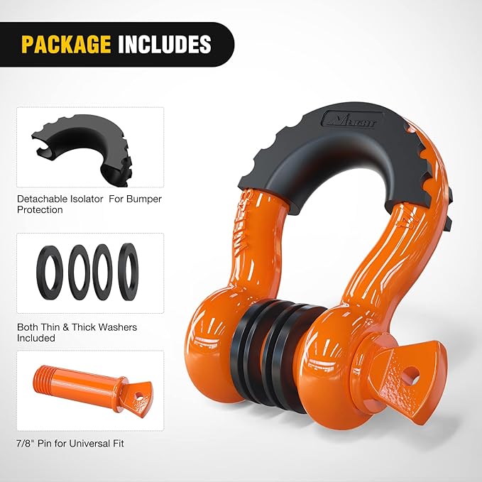 Nilight 2 Pack 3/4" D-Ring Shackle 4.75 Ton (9500 Lbs) Capacity with 7/8" Pin Heavy Duty Off Road Recovery with Isolators & Washer Kit for Jeep Truck Vehicle, Orange (90051B)