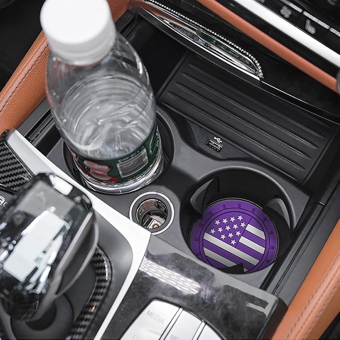 Osilly Car Cup Holder Coasters, 4 Pack American Flag Insert Car Cup Coaster, 2.75 Inch PVC Anti Slip Shockproof Embedded Drink Mat, Car Interior Decoration Accessories for SUV, Truck(Dark Purple)