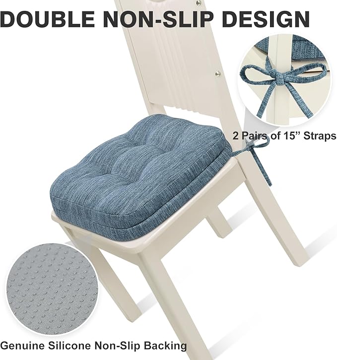 Shinnwa Dining Chair Cushions Set of 6, Dual-Layer Memory Foam Kitchen Chair Cushions, Patented Design Seat Pads with Ties, 16.5 x 16.5 x 3.5in, 6 Pack, Denim Blue